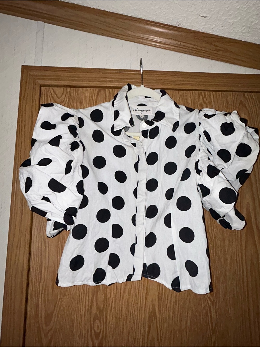 Wishing Waves Large Polka Dot Print Puff Sleeve Button Front Blouse Shirt Top